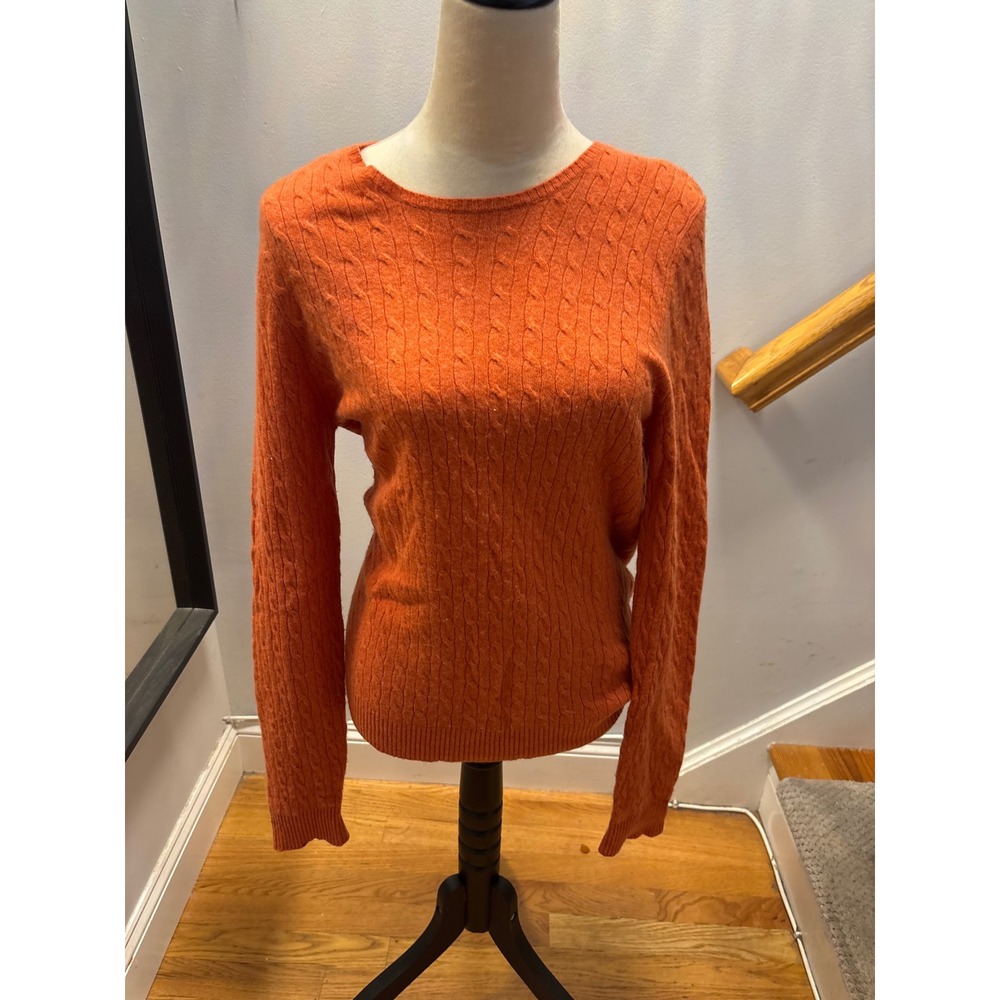 Tweeds Cable Knit Sweater Womens‎ L Orange Wool Cashmere Crew Neck